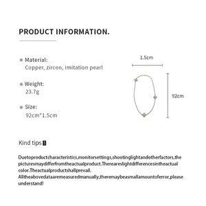 Product details for long faux pearl necklace with zircon flower motifs and dimensions