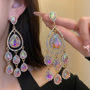 Elegante Vintage-Ohrringe mit bunten Strass-Quasten für Damen im Wassertropfen-Stil