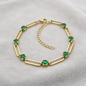 Exquisite detail view of a 304 stainless steel paperclip bracelet with green zircons
