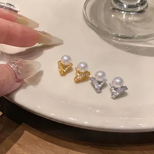 Elegant French style zircon pearl stud earrings in gold and silver plated finishes