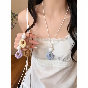 Korean Style Sweet Resin Round Pleated Pendant Necklace Niche Design Clavicle Chain For Women Handmade Jewelry Gift
