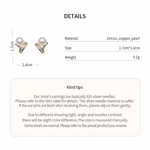 Detailed specs of French luxury zircon pearl stud earrings with 925 silver needle