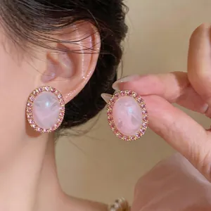 Sweet Pink Acrylic Rose Cameo Stud Earrings With 925 Sterling Silver Post Gold Plated Rhinestone Oval Earrings For Women Jewelry