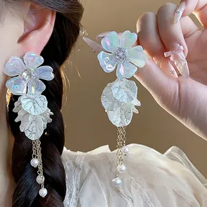 Luxury 925 Sterling Silver Earring Post Iridescent Acrylic Flower Artificial Pearl Long Tassel Dangle Earrings For Women Sweet Jewelry