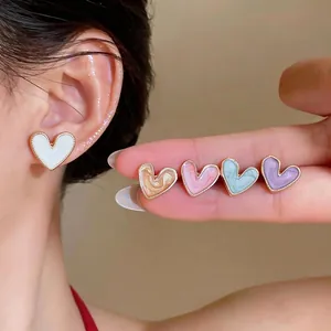 Einfache Süß Herz Emaille Ohrstecker für Damen Gold Überzogen Legierung Mit 925 Sterling Silber Ohrstecker Stift Modeschmuck