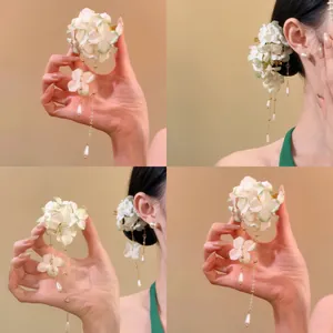 Handmade Fabric Petal Tassel Hair Clip With Artificial Pearl Elegant Flower Duckbill Clip For Women Vacation Wedding Hair Accessories