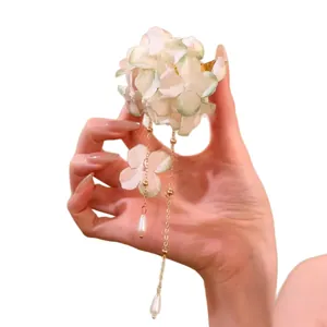 Fairy style fabric floral hair clip with pearl tassels and gradient green finish