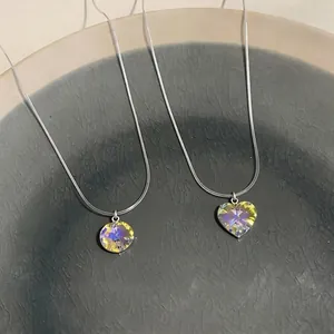 High-end stainless steel necklace with iridescent heart and round crystal pendants