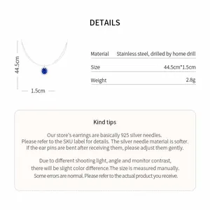 Detailed specs for stainless steel necklace with blue oval pendant showing size and weight.
