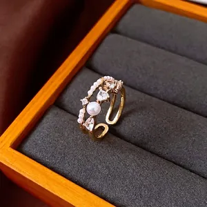 Vintage Zirconia Double Layer Artificial Pearl Open Ring Gold Plated Copper Adjustable Ring Women Fashion Jewelry Gift