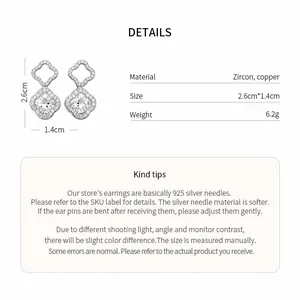 Silver flower zircon earrings detail showing dimensions and material specifications