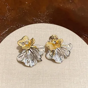 French style bi-color flower stud earrings with sparkling rhinestone center