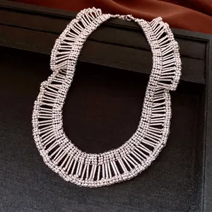 Elegant vintage pleated silver collar necklace with unique accordion metallic design