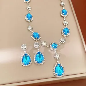 Exquisite Water Drop Zirconia Pendant Necklace And Stud Earrings Copper Vintage Court Style Jewelry For Women Wedding Banquet