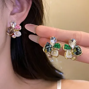 Floral Stud Earrings With Rhinestone Artificial Pearl Alloy Silver Post Gold Plated Elegant Jewelry Gift For Women