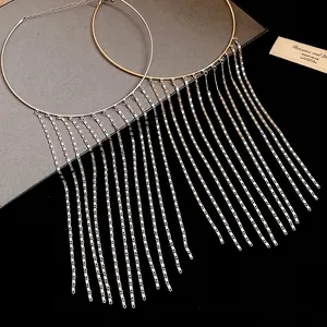 Elegant metallic tassel choker necklace with long chain fringe in gold and silver finish.