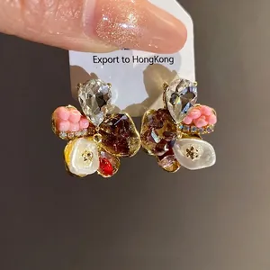Elegant floral stud earrings with sparkling rhinestones and colorful crystals for women