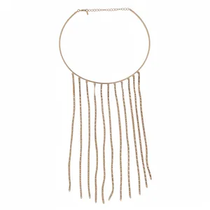 Glamorous gold metal fringe choker necklace with layered long chain tassels for women.