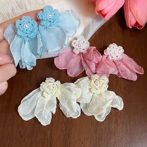 Elegant French style chiffon flower stud earrings with pearl beads in multiple colors