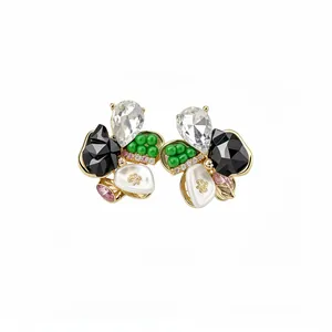 Exquisite floral stud earrings with multi-color faceted gemstones and white pearl petals