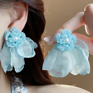 Elegant light blue chiffon flower earrings with pearl and bead details for women