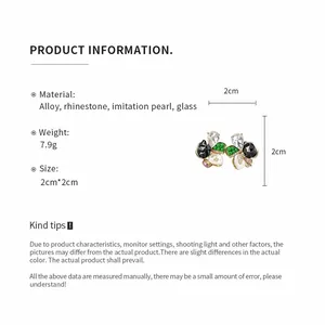 Detailed specifications for floral stud earrings featuring rhinestones and pearls.