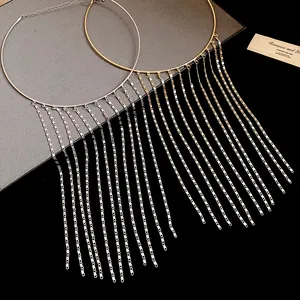 Detailed view of elegant gold and silver metal chain tassel choker necklaces for women