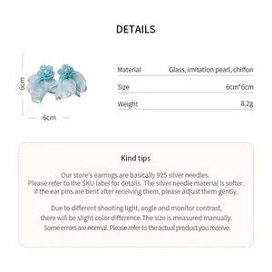 Detailed specifications for chiffon flower pearl earrings including size and materials info