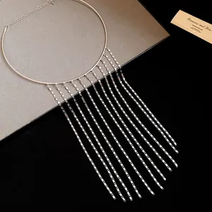 Elegant metallic chain fringe choker necklace featuring a waterfall of long silver tassels.