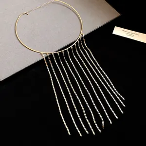 Detailed view of a gold metal chain tassel choker with an elegant waterfall fringe design