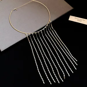 Close-up of golden waterfall tassel choker necklace with elegant metallic chains
