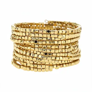 Elegant multi-layer gold square bead wrap bracelet in vintage minimalist aesthetic style