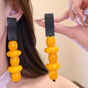 Vintage Wood Resin Geometric Round Tassel Drop Earrings For Women Fashion Jewelry Long Black Yellow Bead Dangle Earrings