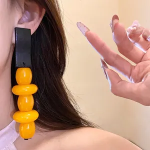 Vintage yellow resin and black wood statement dangle earrings for women