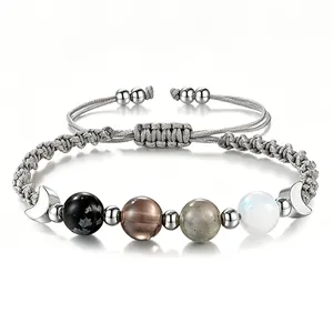 Bracciale Intrecciato in Pietra Naturale Pietra di Luna Ossidiana Ciondolo Fase Lunare Mezzaluna Bracciale in Perline Guarigione per Donne Regalo