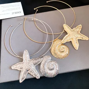 Bohemian style oversized starfish and seashell pendant choker necklaces in gold and silver