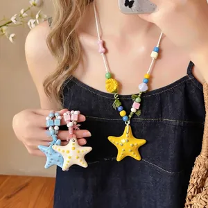 Collana con Pendente a Stella Marina in Ceramica Bohémien Fatta a Mano con Perline Corda Intrecciata Lunga Gioielli Resort