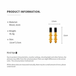 Product detail view showing 11cm long wood and resin beaded earrings with full specifications