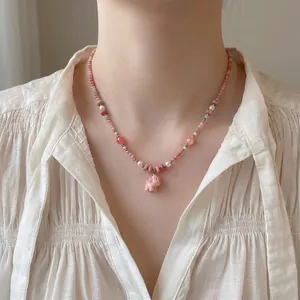 Handmade Ceramic Dog Pendant Necklace For Women Pink Rhodochrosite Artificial Pearl Beaded Clavicle Chain Summer Vacation Jewelry