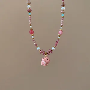Handmade pearl necklace with cute pink ceramic puppy pendant and colorful beads