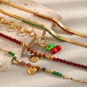 Women 18K Gold Plated Stainless Steel Fruit Bead Bracelet Fashion Colorful Rhinestone Cherry Heart Charm Snake Chain Jewelry