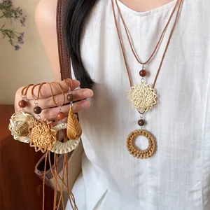 Vintage Ethno Geflochtenes Rattan Anhänger Halskette Handgefertigt Holzperle Lederseil Lange Pullover Kette Bohemian Schmuck Für Damen