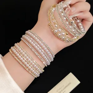 Women Vintage Light Luxury Multi-layer Open Bangle Gold Silver Plated Copper Artificial Pearl Rhinestone Beaded Bracelet Fashion Jewelry Gift