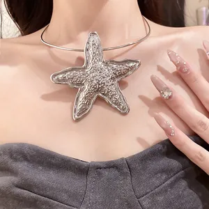 Detailed close-up of a silver-toned textured starfish pendant on a minimalist metal collar.
