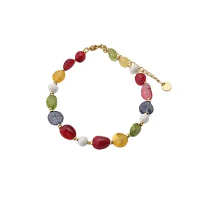 Colorful gemstone and pearl bracelet with adjustable gold chain, vibrant dopamine jewelry