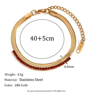 18K gold plated stainless steel snake chain bracelet with red zircon details.