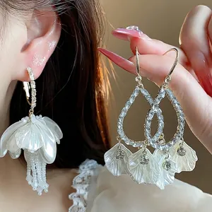 French style flower tassel earrings with sparkling crystals and pearl-like petals
