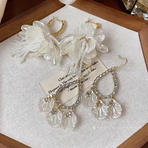 Elegant French style floral pearl tassel and crystal teardrop earrings for women