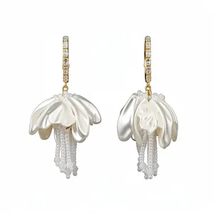 Elegant French style white flower tassel earrings with gold pearl hoops for women