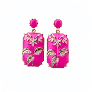 Vintage-style rectangular earrings with pink enamel and crystal floral design